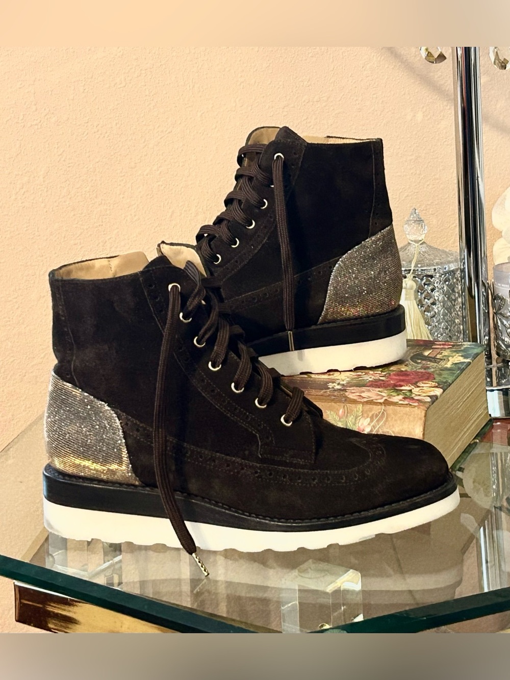 Angela Scott Mr. Harrison Lace-Up Suede Ankle Boots with Sparkle Heel Size 39.5